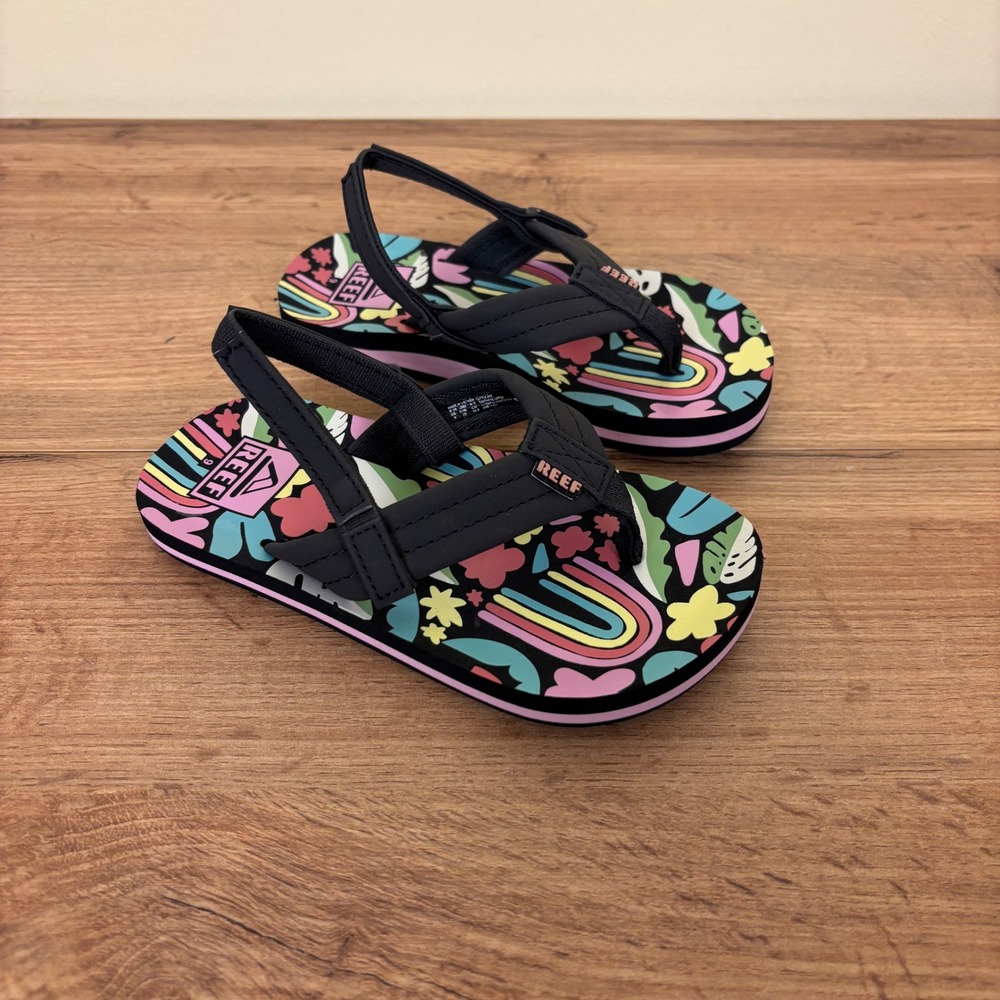 REEF Little Ahi Water-Friendly Flip-Flop Tropical Rainbow Black Kids Size 9 Pool
